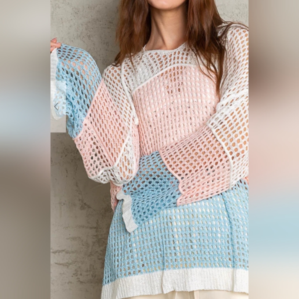 Pol White, Pink, And Blue Colorblock Knit Hoodie Sz M. Nwot
